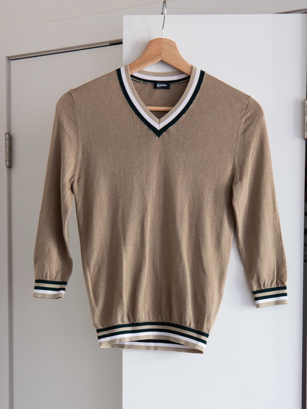 Jil Sander Beige V-Neck Sweater with Contrast Stripe Trim